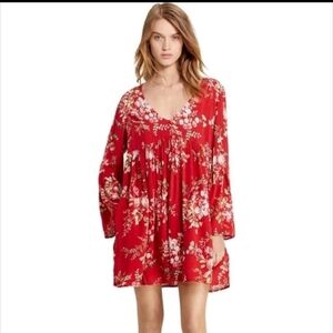 Denim & Supply Ralph Lauren Red Floral Long Sleeve Dress Boho Western Mini Dress